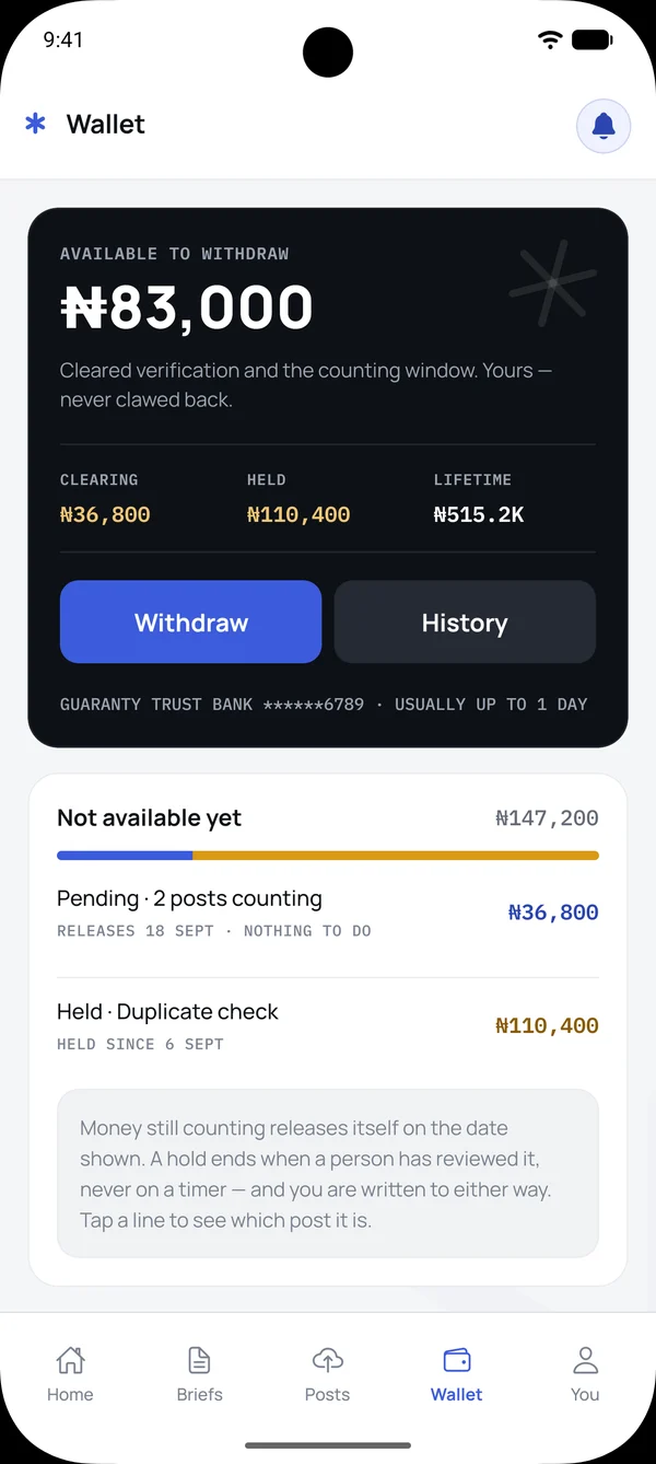 Astera app wallet: ₦83,000 available to withdraw, with clearing, held and lifetime amounts and the payout bank account.