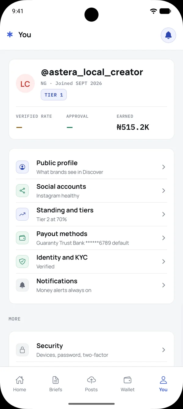 Astera app You screen: the creator's handle and tier, verified rate and earnings, and links to public profile, social accounts, payout methods and identity checks.